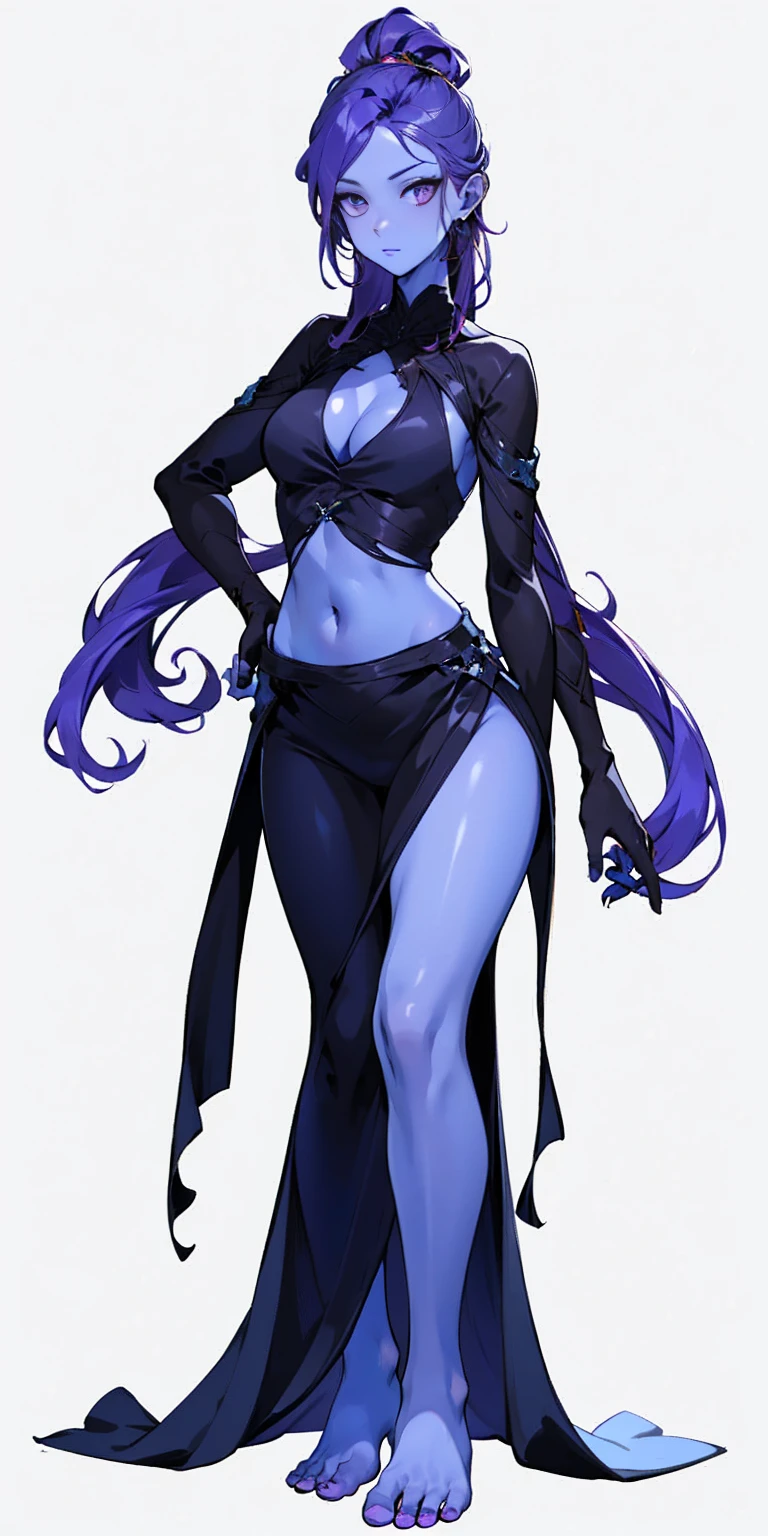 ((plain background:1.2, 1sologirl)) full body standing barefoot hands on waist navel, very purple skin