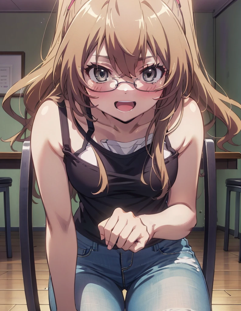 taiga aisaka, taiga aisaka, Long Hair, Brown Hair, Brown eyes,happy smile, smile, Open your mouth,ponytail,Black-rimmed glasses,Brown tank top,Skinny jeans,Stiletto heels,There is a computer on the table,interior,Chair,Are standing,whole bodyがイラストに入るように,
break indoors, office,
break looking at viewer, whole body,
break (masterpiece:1.2), Highest quality, High resolution, unity 8k wallpaper, (shape:0.8), (Beautiful attention to detail:1.6), Highly detailed face, Perfect lighting, Highly detailed CG, (Perfect hands, Perfect Anatomy),