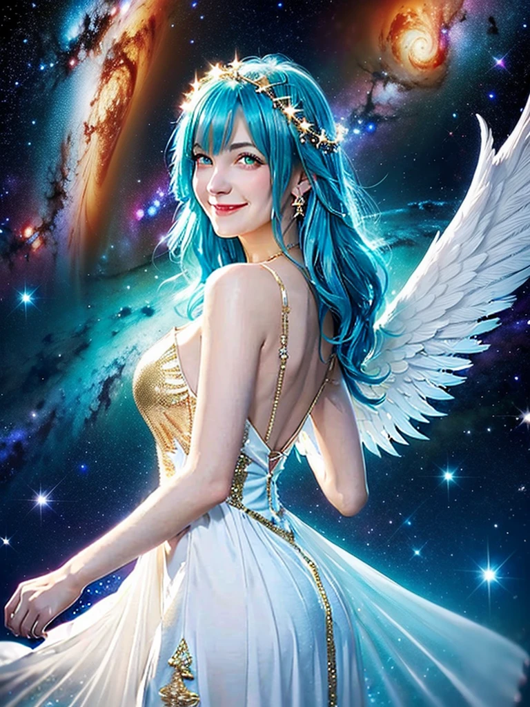 a beautiful woman with aqua blue hair, red eyes, smiling, with angel wings, surrounded by a golden halo, wearing a white dress, standing upright in outer space, with the milky way galaxy and distant stars in the background, detailed portrait