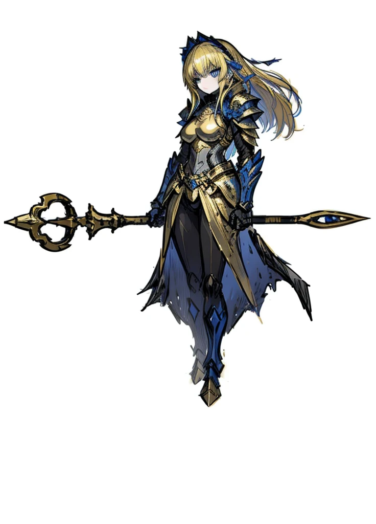 1girl, yellow hair, blue eyes, epic armor, golden armor, legendary weapon, elegant clothes, sacred knight, (high resolution, high detail, Best quality), small breasts, staff