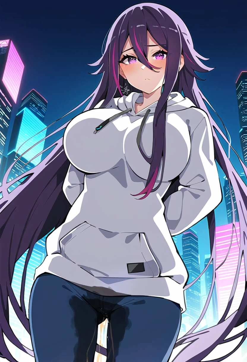 (masterpiece:1.37), best quality, (extremely detailed:1.37), woman, mature, adult, large breasts, (very long hair:1.5), dark purple hair, purple eyes, (extremely detailed eyes:1.37), hoodie, jeans, desperation, (wetting: self 3.0), standing, city, futuristic, neon lighting, high-tech, street