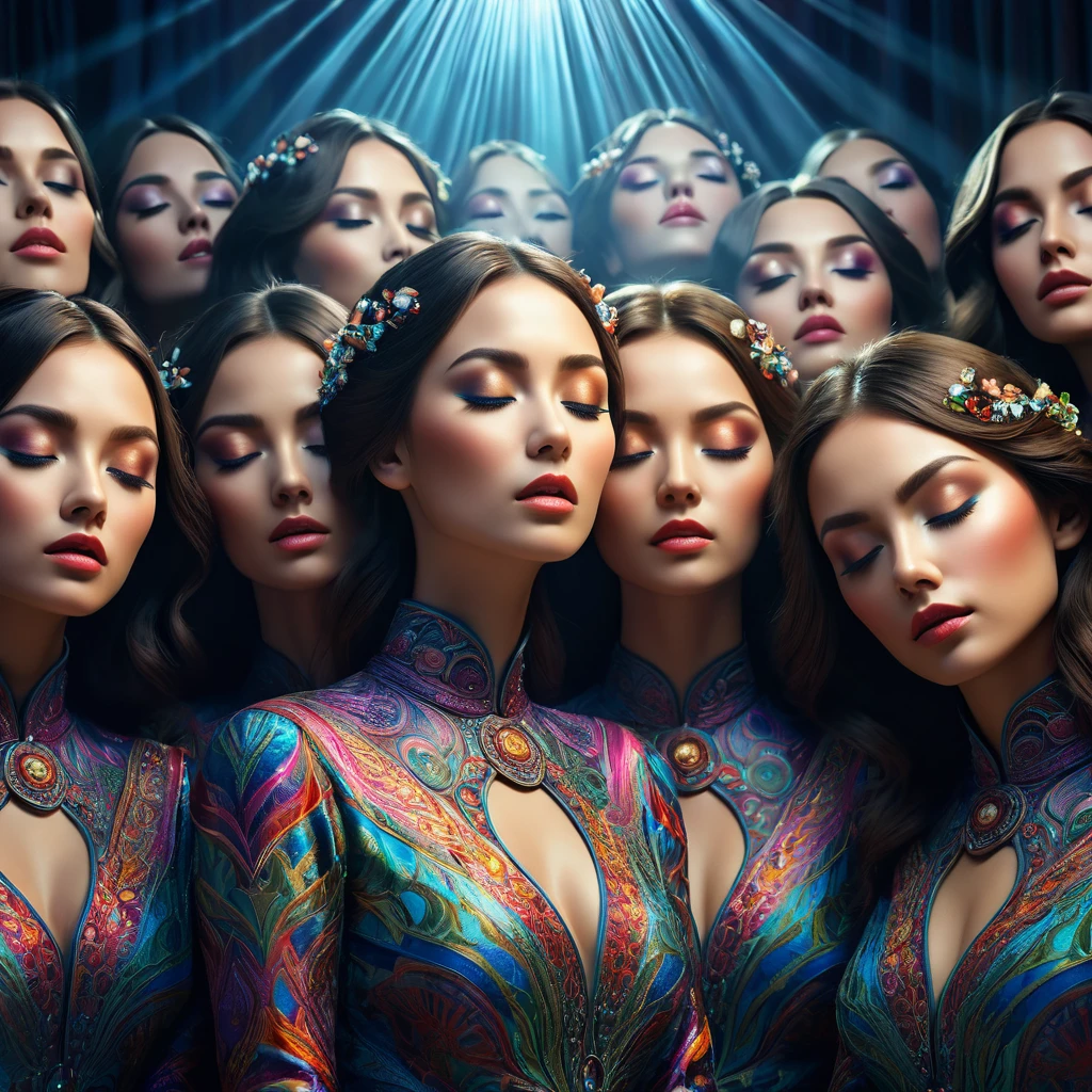 Group of beautiful women, Woman with eyes closed, Optical illusion, Surreal, Complex, Very detailed, photoRealistic, Cinema Lighting, Dramatic Shadows, Vibrant colors, Complex patterns, (Highest quality,4K,8K,High resolution,masterpiece:1.2),Super detailed,(Realistic,photoRealistic,photo-Realistic:1.37),Structure of the film,Dramatic lighting,Gloomy atmosphere,Enchantingな,Surreal,dream-like,Complex details,visually striking,Enchanting