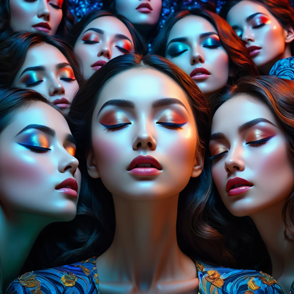 Group of beautiful women, Woman with eyes closed, Optical illusion, Surreal, Complex, Very detailed, photoRealistic, Cinema Lighting, Dramatic Shadows, Vibrant colors, Complex patterns, (Highest quality,4K,8K,High resolution,masterpiece:1.2),Super detailed,(Realistic,photoRealistic,photo-Realistic:1.37),Structure of the film,Dramatic lighting,Gloomy atmosphere,Enchantingな,Surreal,dream-like,Complex details,visually striking,Enchanting