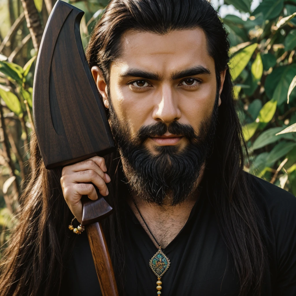masterpiece,(best quality, illustration,detailed face:1.3), Front T Pose Image of a Powerful Mage , Full bearded, Wheatish Complexion, Muscular, Wearing Black Bead Bracelet and Black Bead Necklace, Wrapped in Saffron Clothing, Wearing a Black Wooden Sandal, Long Hair covering his face, Holding a Battle Axe in one hand, a Jungle