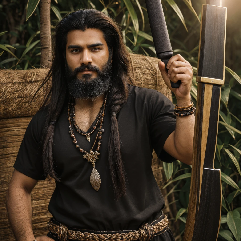 masterpiece,(best quality, illustration,detailed face:1.3), Front T Pose Image of a Powerful Mage , Full bearded, Wheatish Complexion, Muscular, Wearing Black Bead Bracelet and Black Bead Necklace, Wrapped in Saffron Clothing, Wearing a Black Wooden Sandal, Long Hair covering his face, Holding a Battle Axe in one hand, a Jungle