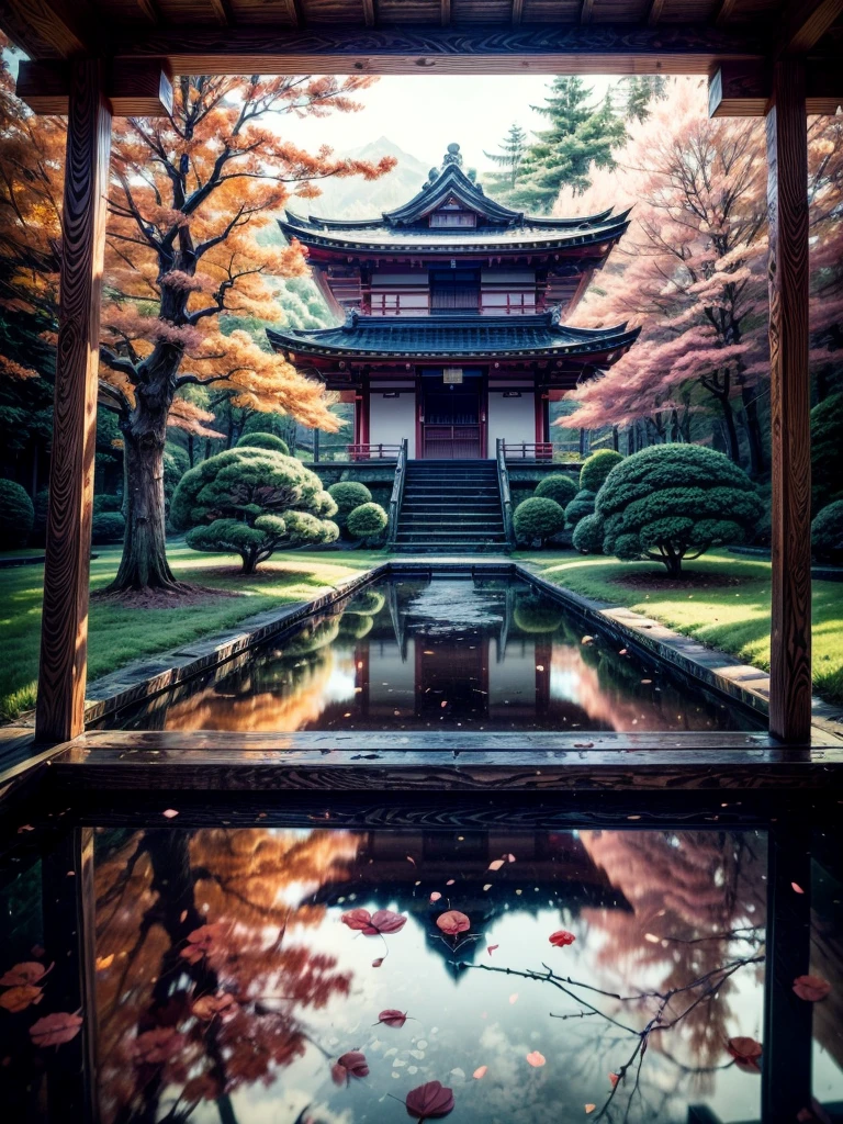 "(best quality,4k,8k,highres,masterpiece:1.2),ultra-detailed,realistic, HDR, autumn scene in Japan, flying autumn leaf,(falling, scattered) autumn leaves, (vivid, vibrant) colors, (soft, warm) color palette, (natural, warm) lighting, (serene, peaceful) atmosphere, traditional Japanese landscape, (tranquil, quiet) ambiance, (rustling, gentle) breeze, (mysterious, secretive), (forgotten, abandoned) battlefield, (tranquil, calm) energy, (nostalgic, wistful) scenery, (captivating, mesmerizing) autumn colors, (calm, serene) demeanor, (decayed, worn-out) surroundings, (lost, forgotten) battleground, fallen cherry blossom petals, delicate brushstrokes, essence of Japanese culture", Focus on Japanese architechture