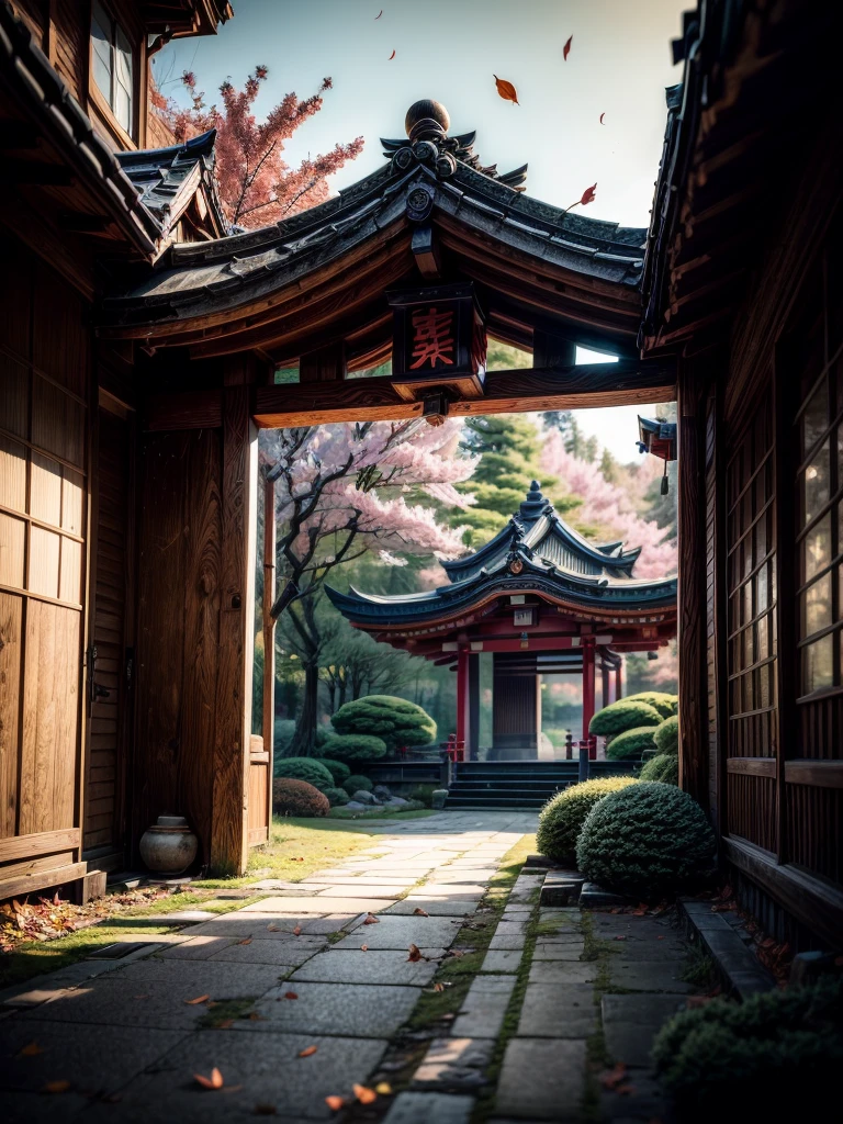 "(best quality,4k,8k,highres,masterpiece:1.2),ultra-detailed,realistic, HDR, autumn scene in Japan, flying autumn leaf,(falling, scattered) autumn leaves, (vivid, vibrant) colors, (soft, warm) color palette, (natural, warm) lighting, (serene, peaceful) atmosphere, traditional Japanese landscape, (tranquil, quiet) ambiance, (rustling, gentle) breeze, (mysterious, secretive), (forgotten, abandoned) battlefield, (tranquil, calm) energy, (nostalgic, wistful) scenery, (captivating, mesmerizing) autumn colors, (calm, serene) demeanor, (decayed, worn-out) surroundings, (lost, forgotten) battleground, fallen cherry blossom petals, delicate brushstrokes, essence of Japanese culture", Focus on Japanese architechture