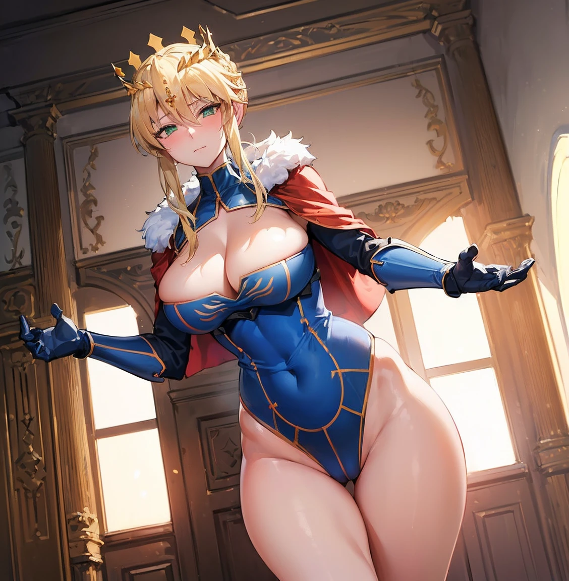 ((1girl)), ((alone)),artoria pendragon, ((extremely detailed CG unity 4k wallpaper)), (masterpiece), (ultra quality), (ultra detailed), (best illustration), (best shadow), (extremely detailed), looking at viewer, (absurdities), (detailed background), curvy body, dynamic pose, cowboy photo, large breasts, medium waist, wide hips, wide thighs, round butt,((woman mature, French braid, blonde hair, green eyes:1.4), (blue leotard, cleavage, red cape, fur trim, gauntlets, crown, high leg, waist sash, blue skirt:1.3), smile, closed mouth )), standing, cowboy photo, backlight, ((solo)), ((standing: 1.4, interior, castle, medieval setting, sunset, (serene expression, blushing, ,sexy, closed mouth, sexy pose), looking forward, ((focus on breasts), point of view: (from middle), perfect anatomy, perfect hands,