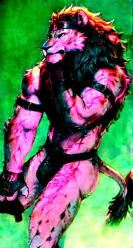 Solo Sexy anthro furry lion male mercenary medieval solider, slim endomorph muscular handsone model male apperance, headband, sword scars, worn out rusty skimpy armament, low on hips heavy leather belt, old very worn out skimpy dirty linen material jockstrap, old yellow dirty worn out stains on white jockstrap, studded skimpy armlets breastplate armor, skimpy breastplate, leather bondages, fingerless leather gloves, smelly unwashed furr, dirty body look, desert battlefield, standing in sexy fighting position, close view of full character