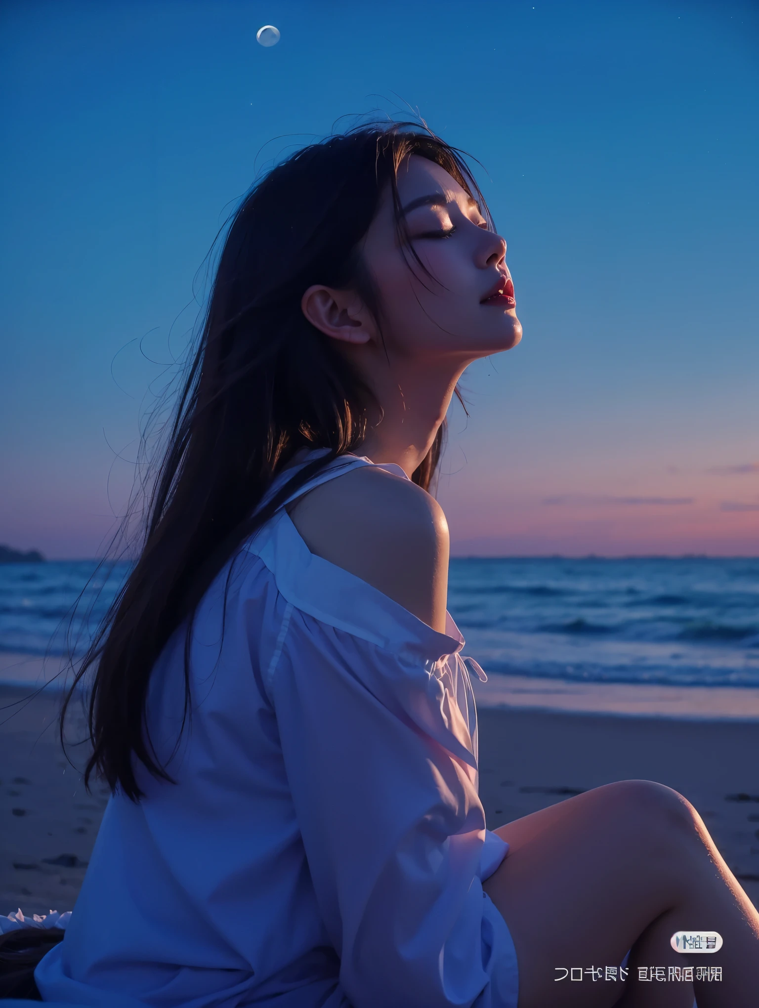 Beautiful Japanese waifu, early 30s, brunette hair, white blouse, moon night seaside, closed eyes