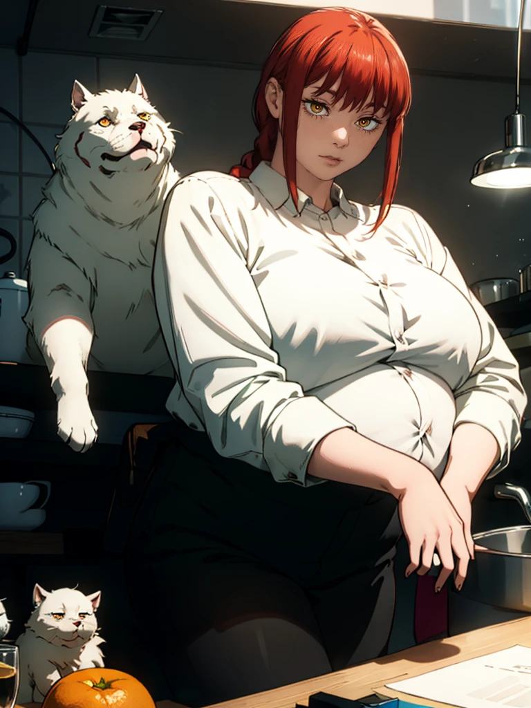 Le personnage Makima de la série animée Chainsaw Man, fragile, obésité morbide, ssbbw, pleine longueur (corps entier 1.1.), fond sombre, obscurité, anatomie correcte 1.1, anatomie correcte de la main, Très féminin, corps gras et rond, grosses Jambes, fesses, beau corps obèse, ventre rond et mou très gras, ventre visible, cheveux roux, Yeux oranges, Cercles rouges pour les écoliers, chemise blanche, jupe noire, cravate noire, pose sexy, réaliste, very détaillé, beau corps, détaillé body, détaillé hands, détaillé, vibrant, détaillé Face, Conception des personnages de Makima. very détaillé, détaillé body, détaillé hands, détaillé Face, Art animé, Hugh Détails, Visage très abattu, détaillé eyes, Illustration ultra fine, Meilleure ombre, détail fin, beautiful détaillé glow, beautiful détaillé, Extraordinairement beau, extremely détaillé, inexpressif, composition épique, Style animé. art animé, Style animé. Jupe noire, chemise blanche, cravatte, pose sexy