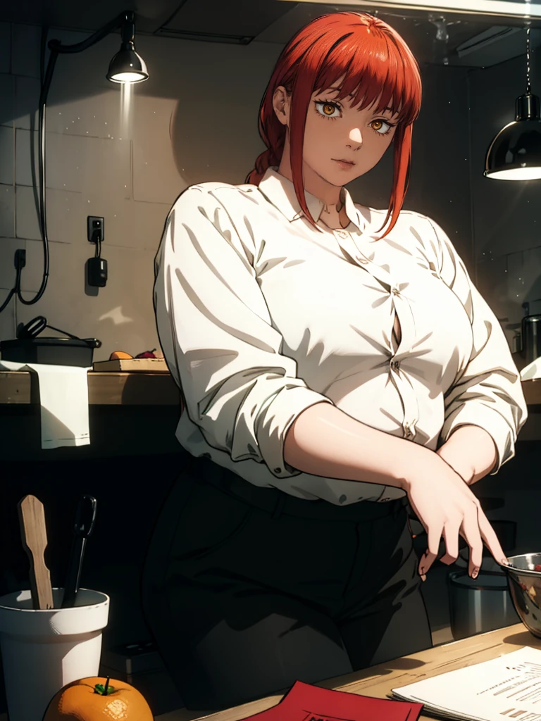 Le personnage Makima de la série animée Chainsaw Man, fragile, obésité morbide, ssbbw, pleine longueur (corps entier 1.1.), fond sombre, obscurité, anatomie correcte 1.1, anatomie correcte de la main, Très féminin, corps gras et rond, grosses Jambes, fesses, beau corps obèse, ventre rond et mou très gras, ventre visible, cheveux roux, Yeux oranges, Cercles rouges pour les écoliers, chemise blanche, jupe noire, cravate noire, pose sexy, réaliste, very détaillé, beau corps, détaillé body, détaillé hands, détaillé, vibrant, détaillé Face, Conception des personnages de Makima. very détaillé, détaillé body, détaillé hands, détaillé Face, Art animé, Hugh Détails, Visage très abattu, détaillé eyes, Illustration ultra fine, Meilleure ombre, détail fin, beautiful détaillé glow, beautiful détaillé, Extraordinairement beau, extremely détaillé, inexpressif, composition épique, Style animé. art animé, Style animé. Jupe noire, chemise blanche, cravatte, pose sexy