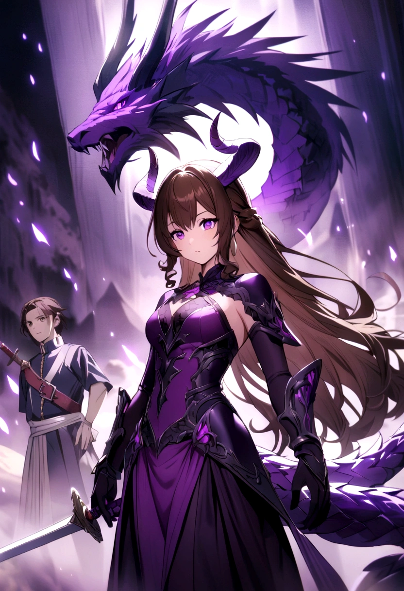 Make an anime character that is a humanized dragon with medium wavy brown hair, purple eyes , purple goat horns, purple dragon tail and purple clothes with a sword