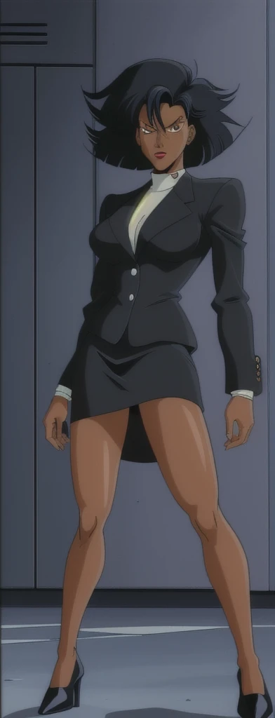 90s style Anime Evil black skinned business woman in a skirt suit