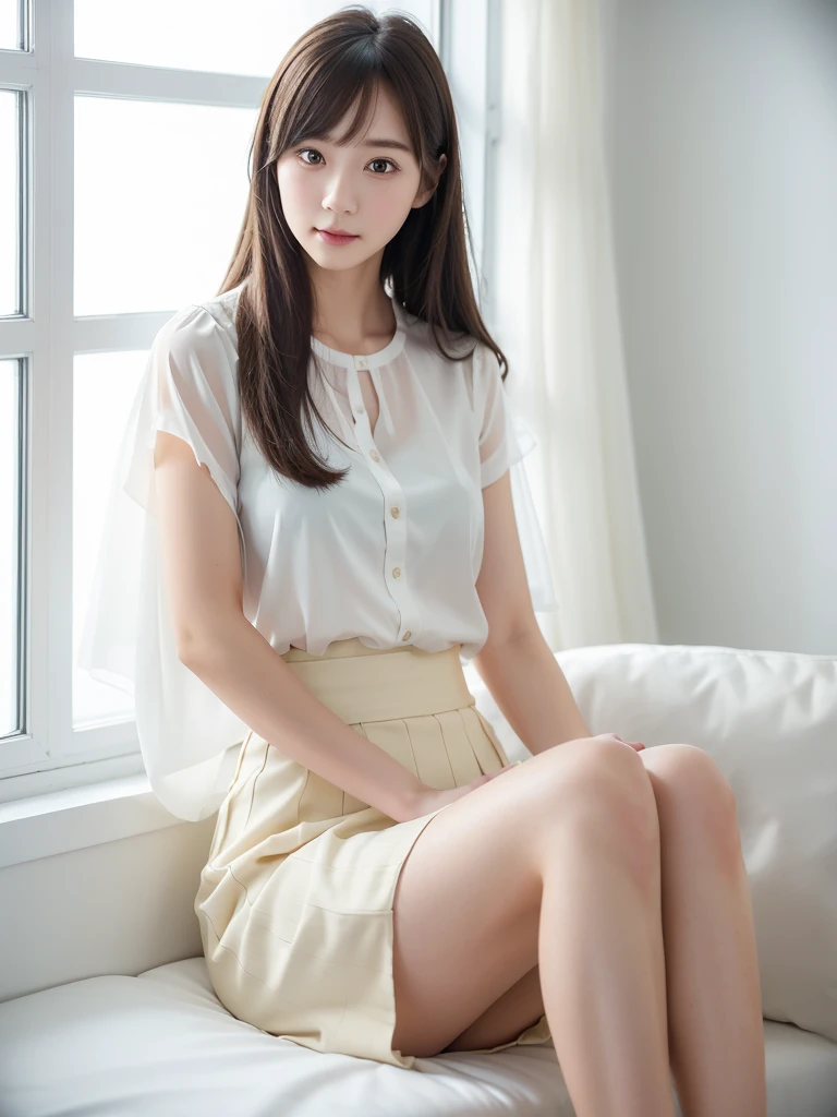 White Office、Mid-length skirt 、Sheer blouse、(Highest quality)、((Very detailed))、4K、(8K)、masterpiece、Very detailedな、Highest quality、Super Resolution、1 person、Kind Face、Soft Light、RAW quality、Soft Skin、163cm、30 years old、knees