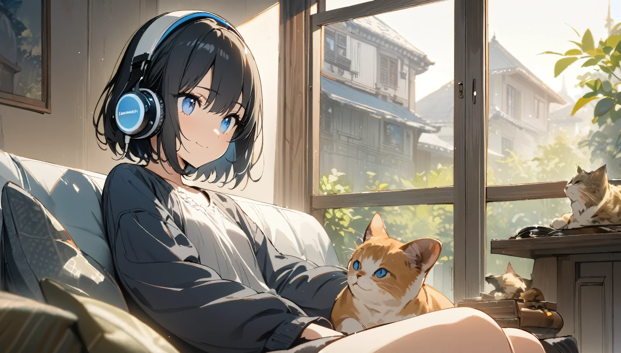 1girl, solo, gentle smile on her face flat chest, short hair, blue eyes, (detailed eyes), black hair, upper body, ((masterpiece, illustration, best quality)) ((best quality)), ((masterpiece)), (detailed), Beautiful girl sitting on the sofa listening to music on headphones and looking outside,With cats