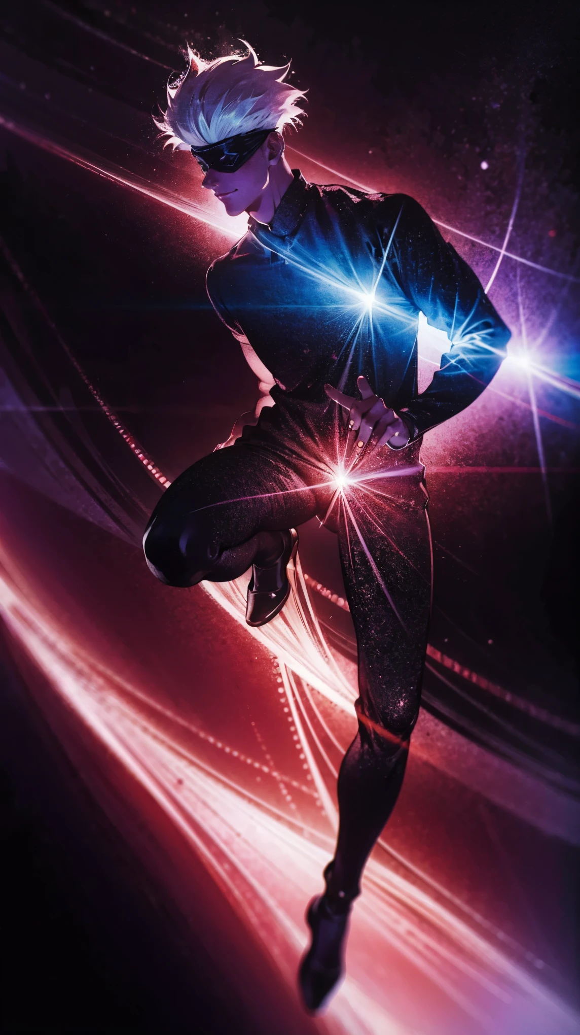 1boy, full body shot, perfect hand and fingers, satoru gojo, blindfold, black outfit, white hair, look at sky, smirk, red and blue moon city night background, wallpaper, cinematic,High resolution 8K, Bright light illumination, lens flare, sharpness, masterpiece, top-quality, The ultra -The high-definition, high resolution, extremely details CG, Anime style, Film Portrait Photography,masterpiece,hyperdetail,light attack, blue and red gives purple, infinity, throw light, energy attack,