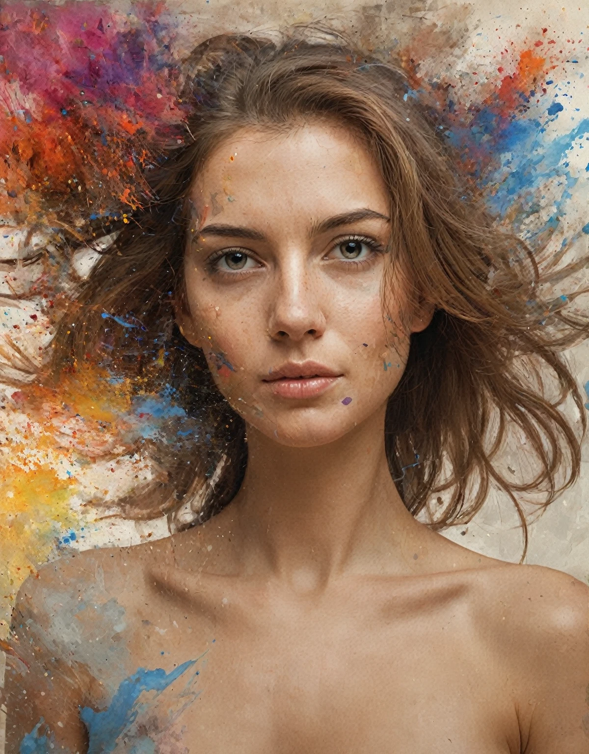 Nathalie Portmann, 25 ans, seductive look, sourire romantique, fine, brune, yeux verts, masterclass, 8K, UHD, HD, High quality, sexy, bodypainting, dans un atelier de peinture, tableaux, peinture partout sur le mur, topless, bodypainting, motif de tableau de la renaissance, impressionnisme, tableau renaissance peint sur le corps, tableau vivant