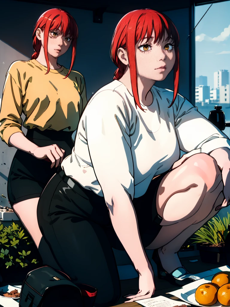 Le personnage Makima de la série animée Chainsaw Man, fragile, obésité morbide, ssbbw, pleine longueur (corps entier 1.1.), fond sombre, obscurité, anatomie correcte 1.1, anatomie correcte de la main, Très féminin, corps gras et rond, grosses Jambes, fesses, beau corps obèse, ventre rond et mou très gras, cheveux roux, Yeux oranges, Cercles rouges pour les écoliers, chemise blanche, jupe noire, cravate noire, pose sexy, réaliste, very détaillé, beau corps, détaillé body, détaillé hands, détaillé, vibrant, détaillé Face, Conception des personnages de Makima. very détaillé, détaillé body, détaillé hands, détaillé Face, Art animé, Hugh Détails, Visage très abattu, détaillé eyes, Illustration ultra fine, Meilleure ombre, détail fin, beautiful détaillé glow, beautiful détaillé, Extraordinairement beau, extremely détaillé, inexpressif, composition épique, Style animé. art animé, Style animé. Jupe noire, chemise blanche, cravatte, pose sexy. Double menton, visage très gras, grosses joues, joues potelées