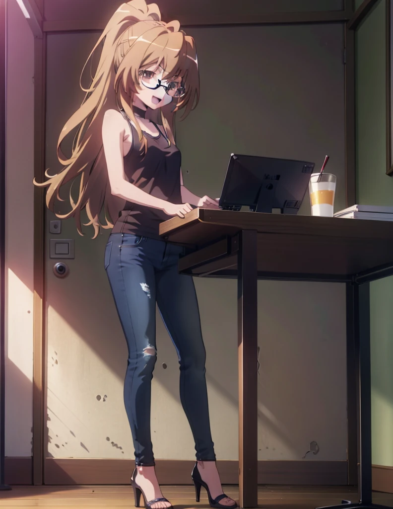 taiga aisaka, taiga aisaka, Long Hair, Brown Hair, Brown eyes,happy smile, smile, Open your mouth,ponytail,Black-rimmed glasses,Brown tank top,Skinny jeans,Stiletto heels,There is a computer on the table,interior,Chair,Are standing,whole bodyがイラストに入るように,
break indoors, office,
break looking at viewer, whole body,
break (masterpiece:1.2), Highest quality, High resolution, unity 8k wallpaper, (shape:0.8), (Beautiful attention to detail:1.6), Highly detailed face, Perfect lighting, Highly detailed CG, (Perfect hands, Perfect Anatomy),