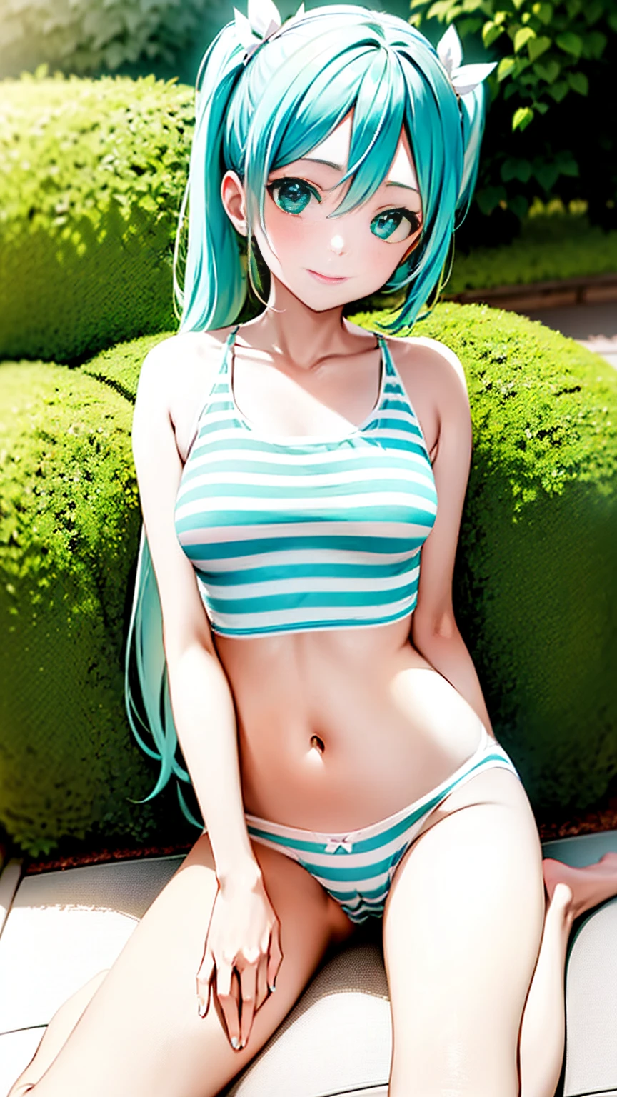 sit upright,sitting,hip,nsfw,pantie,long straight hair,(((wearing underwear,pantie,Horizontal Stripes,white and green:1:1))),hatsune miku,/(vocaloid/)