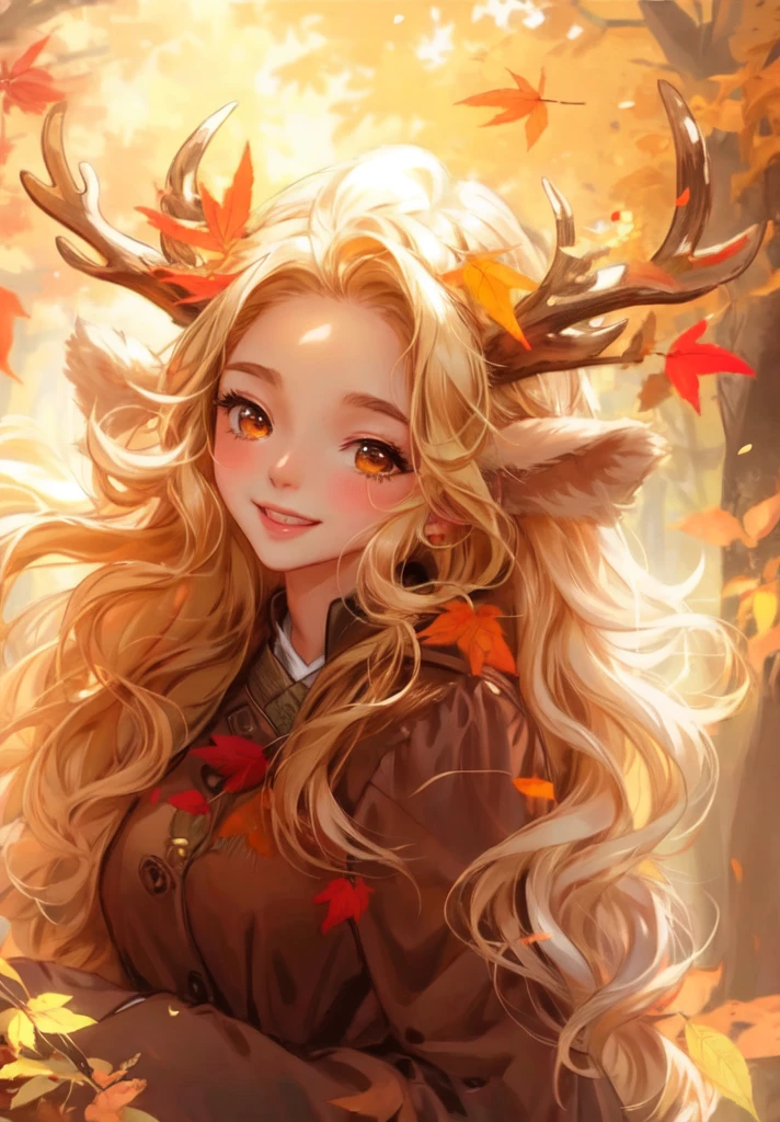 a ((brown skin)) young woman with long blonde hair and a deer antlers on her head, (((broken antler))), in a forest, cute, cute, smiling , full length happy,cute, open eye,gold eyes,sitting in the forest beautiful spring spirit, goddess of spring, style artgerm, seasons!! : 🌸 ☀ 🍂 ❄, artgerm anime girl with long hair, extremely detailed art germ, artgerm and atey ghailan, satyr fur legs
