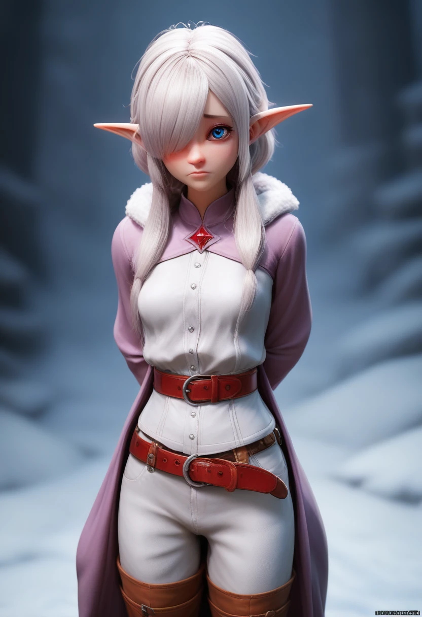 ((Best Quality)), (Masterpiece)), (Details: 1.4), Absurd Resolution, High Resolution, (Masterpiece: 1.4), Ultra Detailed, detailed gnome girl with pale skin, short stature, very long waist length silver hair that curls at the ends, covering one eye, with small breasts, pouty lips, and bright blue anime-style eyes with long lashes, wearing a corset, white puffy long sleeved shirt, and puffy cloth pants, leather bound boots, set in a windy fantasy landscape, (best quality,4k,8k,highres,masterpiece:1.2),ultra-detailed, dungeons and dragons, long elf ears, small girl, detailed skin and cloth textures, cute detailed face, intricate details, extremely detailed, 1girl, dynamic pose with hair covering one eye, shy personality, puffy cloth pants with leather belt, detailed privateer outfit, detailed buccaneer outfit, pouch on belt, wearing ornate leather armor with fur trim, silver inlay detail, wearing fur trimmed boots, wearing fur trimmed gloves, short, short height, halfing girl, small girl,