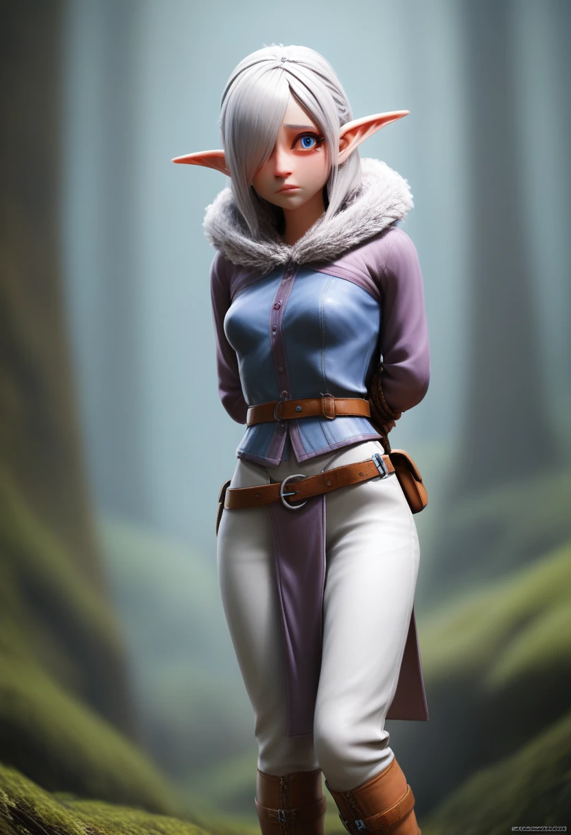 ((Best Quality)), (Masterpiece)), (Details: 1.4), Absurd Resolution, High Resolution, (Masterpiece: 1.4), Ultra Detailed, detailed gnome girl with pale skin, short stature, very long waist length silver hair that curls at the ends, covering one eye, with small breasts, pouty lips, and bright blue anime-style eyes with long lashes, wearing a corset, white puffy long sleeved shirt, and puffy cloth pants, leather bound boots, set in a windy fantasy landscape, (best quality,4k,8k,highres,masterpiece:1.2),ultra-detailed, dungeons and dragons, long elf ears, small girl, detailed skin and cloth textures, cute detailed face, intricate details, extremely detailed, 1girl, dynamic pose with hair covering one eye, shy personality, puffy cloth pants with leather belt, detailed privateer outfit, detailed buccaneer outfit, pouch on belt, wearing ornate leather armor with fur trim, silver inlay detail, wearing fur trimmed boots, wearing fur trimmed gloves, short, short height, halfing girl, small girl,