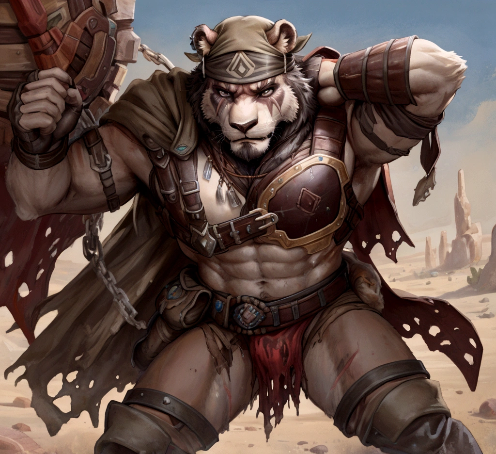 Solo Sexy anthro furry lion male mercenary medieval solider, slim endomorph muscular handsone model male apperance, headband, sword scars, worn out rusty skimpy armament, low on hips heavy leather belt, old very worn out skimpy dirty linen material jockstrap, old yellow dirty worn out stains on white jockstrap, studded skimpy armlets breastplate armor, skimpy breastplate, leather bondages, fingerless leather gloves, smelly unwashed furr, dirty body look, desert battlefield, standing in sexy fighting position, close view of full character