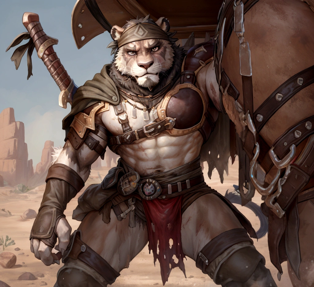 Solo Sexy anthro furry lion male mercenary medieval solider, slim endomorph muscular handsone model male apperance, headband, sword scars, worn out rusty skimpy armament, low on hips heavy leather belt, old very worn out skimpy dirty linen material jockstrap, old yellow dirty worn out stains on white jockstrap, studded skimpy armlets breastplate armor, skimpy breastplate, leather bondages, fingerless leather gloves, smelly unwashed furr, dirty body look, desert battlefield, standing in sexy fighting position, close view of full character