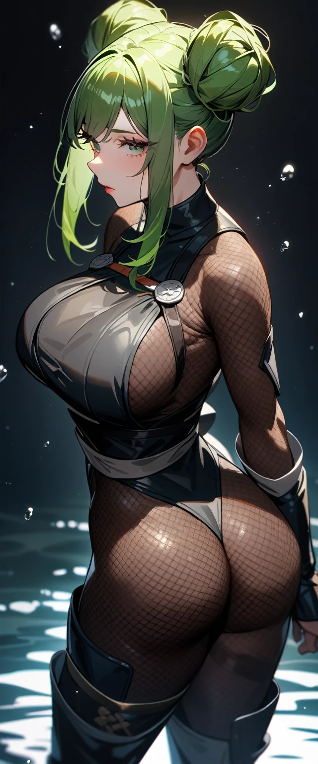 1girl,solo,super detailed skin,shiny skin,expressionless face,green hair,sidelocks,double bun,half open eye,eyelashes,lips gloss ,large breasts,body suit,Shinobi clothes,black boots,fishnet,standing ,simple background ,from behind ,water magically ,masterpiece,best quality,ultra detailed,high resolution,sharp focus