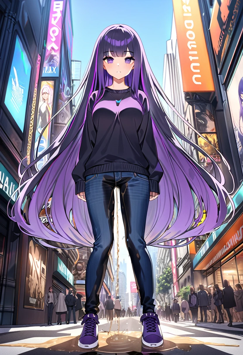 (masterpiece:1.37), best quality, (extremely detailed:1.37), woman, (very long hair:1.5), (dark purple hair:1.5), purple eyes, (extremely detailed eyes:1.37), standing, (wetting self:1.5), (large breasts:1.5), stylish jacket, multicolored jackt, jeans, cleavage, navel, city, high-tech, street, full body