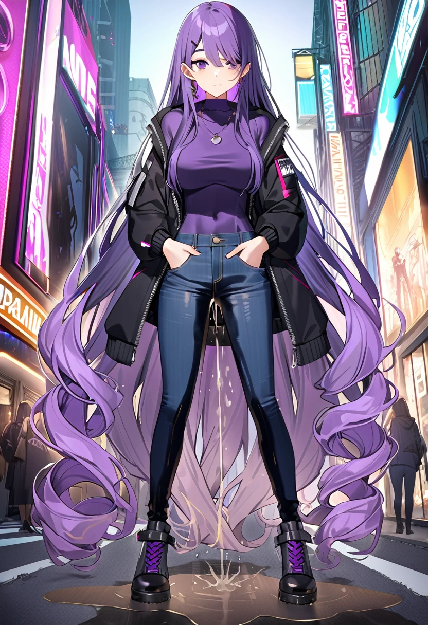 (masterpiece:1.37), best quality, (extremely detailed:1.37), woman, (very long hair:1.5), (dark purple hair:1.5), purple eyes, (extremely detailed eyes:1.37), standing, (wetting self:1.5), (large breasts:1.5), stylish jacket, multicolored jackt, jeans, cleavage, navel, city, high-tech, street, full body
