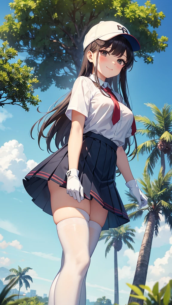 tree, bush, white gloves, gloves, nature, forest, grass, outdoors, foliage, 1girl, park, day, golf club, skirt, thighhighs, hat, sky, lamppost, plant, white legwear, blue sky, smile, solo, breasts, palm tree, garden, under tree, long hair, short sleeves, pine tree, looking at viewer, against tree, bangs, jungle, shirt, tree shade, fence, pleated skirt, path, baseball cap, cloud, branch, hair bun, road, blush, on grass, white shirt