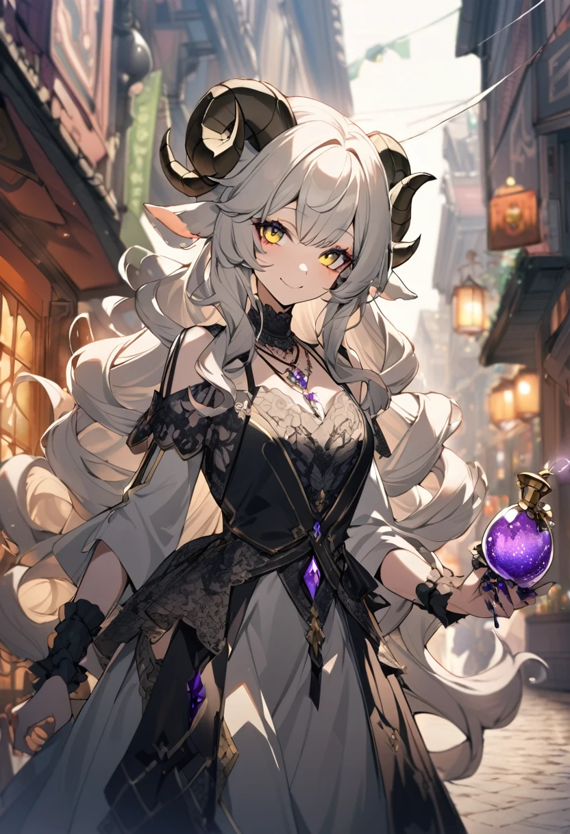 1girl, sheep satyr, sheep ears, sheep horns, sheep eyes, smiling, potions hanging from horns, expensive clothing, necklace with an elixir, very curly hair, slightly smudged makeup, blurred fantasy city background