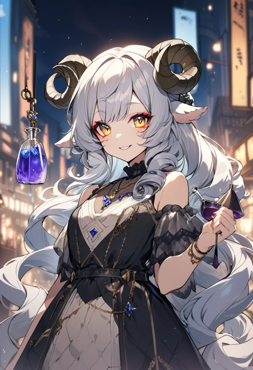 1girl, sheep satyr, sheep ears, sheep horns, sheep eyes, smiling, potions hanging from horns, expensive clothing, necklace with an elixir, very curly hair, slightly smudged makeup, blurred fantasy city background