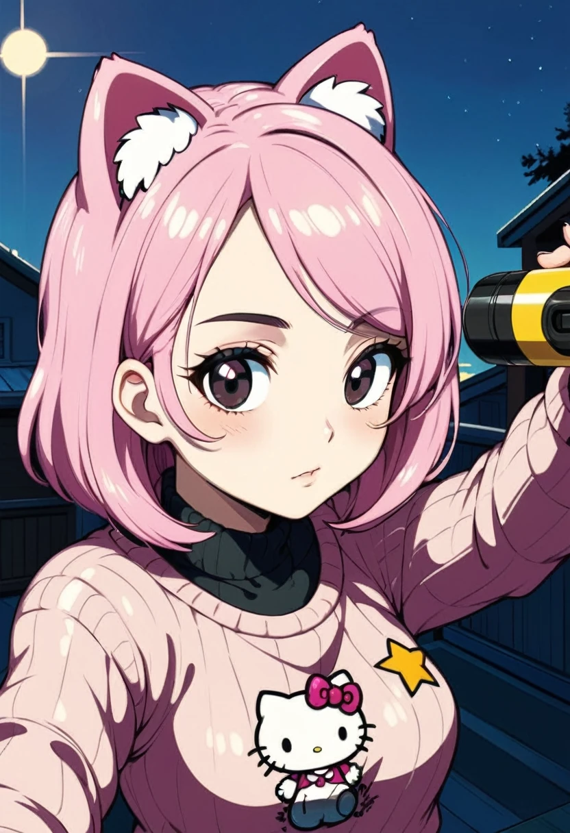 pixel art, Veronica Cipher ((upper body selfie, hapiness的)), Masterpiece, Superior quality, ultra detailed, alone, exterior, (evening), ROOM, gamer, (Star, officer) hapiness, hapiness的, sweater, have, flashlight, wood, Get rich, shadow, Compared, clear sky, analogy style (View viewer:1.2) (texture) (film grain: 1.3), (cold colors, pastel colors): 1.2), close up, movie light, Side light, ultra high resolution, 背心shadow, RAW, wear a sweater, Kodak Vision 3, girl, black eyes, black fur, wide, messy fur, Intense pink skin, blouse hello kitty.