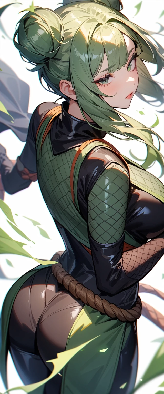 1girl,solo,super detailed skin,shiny skin,expressionless face,green hair,sidelocks,double bun,half open eye,eyelashes,lips gloss ,large breasts,body suit,Shinobi clothes,black boots,fishnet,standing ,simple background ,from behind ,wind magically ,masterpiece,best quality,ultra detailed,high resolution,sharp focus