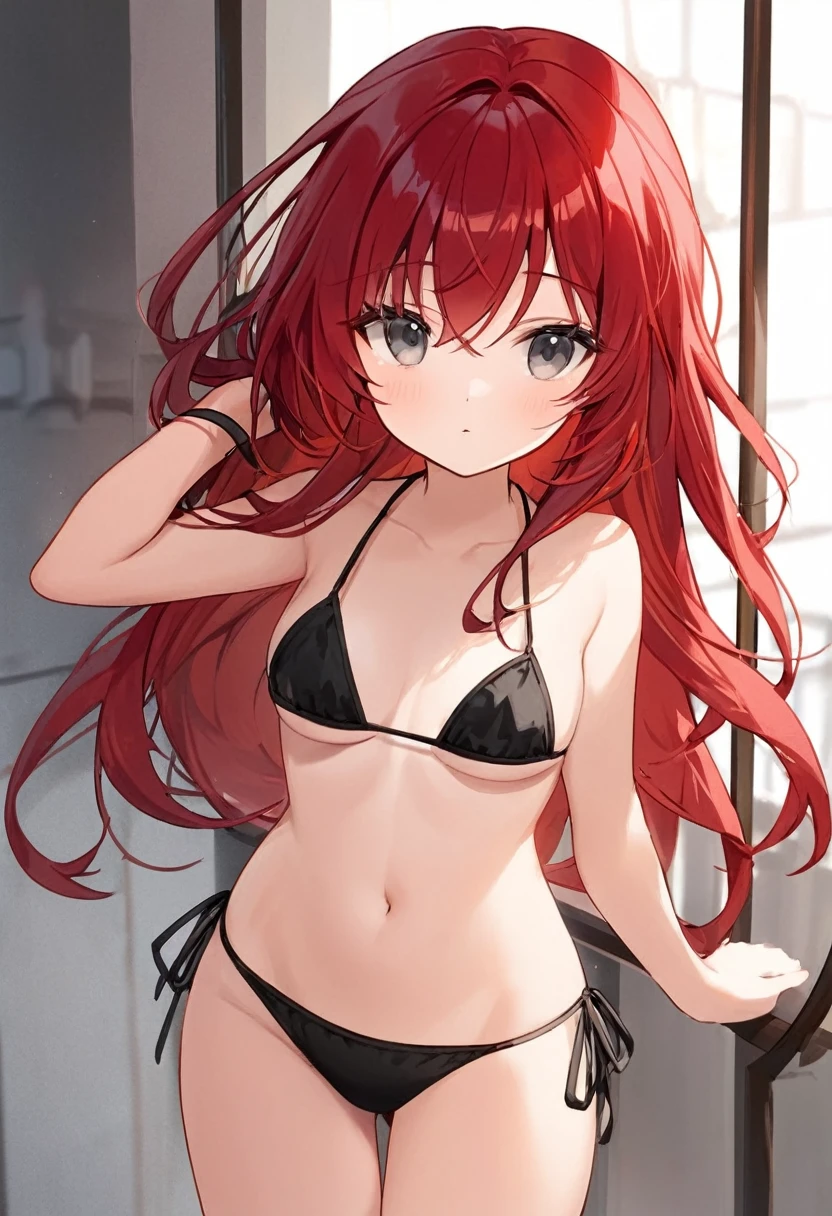 More beautiful with a black bikini, little long red hair and a small strand overhanging gray eyes.