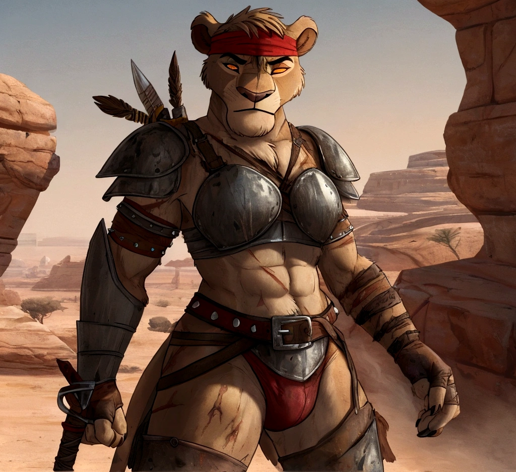 Solo Sexy anthro furry lion male mercenary medieval solider, slim endomorph muscular handsone model male apperance, headband, sword scars, worn out rusty skimpy armament, low on hips heavy leather belt, old very worn out skimpy dirty linen material jockstrap, old yellow dirty worn out stains on white jockstrap, studded skimpy armlets breastplate armor, skimpy breastplate, leather bondages, fingerless leather gloves, smelly unwashed furr, dirty body look, desert battlefield, standing in sexy fighting position, close view of full character