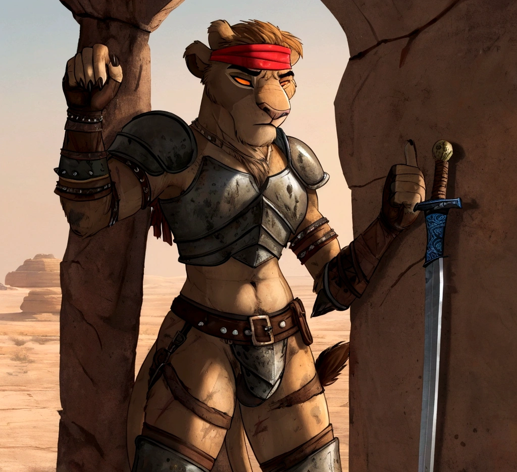 Solo Sexy anthro furry lion male mercenary medieval solider, slim endomorph muscular handsone model male apperance, headband, sword scars, worn out rusty skimpy armament, low on hips heavy leather belt, old very worn out skimpy dirty linen material jockstrap, old yellow dirty worn out stains on white jockstrap, studded skimpy armlets breastplate armor, skimpy breastplate, leather bondages, fingerless leather gloves, smelly unwashed furr, dirty body look, desert battlefield, standing in sexy fighting position, close view of full character