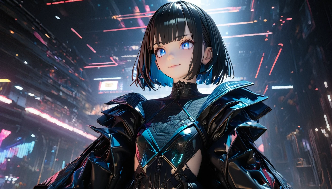 1girl, solo, gentle smile on her face flat chest, short hair, blue eyes, (detailed eyes), black hair, upper body, ((masterpiece, illustration, best quality)) ((best quality)), ((masterpiece)), (detailed), Highest quality,The perfect masterpiece,Perfect artwork,8K,Delicate face,(hakuhatsu:1.3), pearl illusion,Cyberpunk,fashion trend,3s material,high-definition,detail representation,c4d,3D,octane rendering,ray tracing,complex details,animated lighting,OCrenderer,