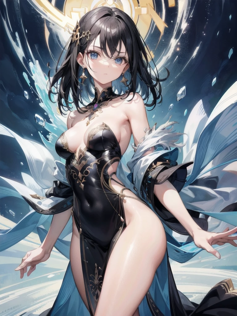absurdres, RAW photo, extremely delicate and beautiful, masterpiece, Best Quality, ultra high resolution, 32k, hyperrealistic, ultra-detailed, perfect anatomy, super Detailed skin, perfect figure, in her 20s, very Slim body, narrow waist, very small head, very small face, delicate facial features, tearful mole, earring, medium breasts, full body shot, medium hair, black hair, sorcerer, hair adornments,