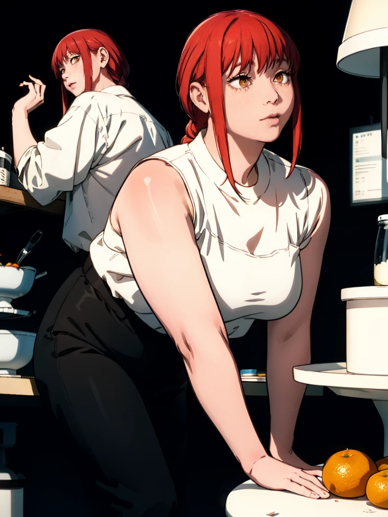 Le personnage Makima de la série animée Chainsaw Man, fragile, obésité morbide, ssbbw, pleine longueur (corps entier 1.1.), fond sombre, obscurité, anatomie correcte 1.1, anatomie correcte de la main, Très féminin, corps gras et rond, grosses Jambes, fesses, beau corps obèse, ventre rond et mou très gras, cheveux roux, Yeux oranges, Cercles rouges pour les écoliers, chemise blanche, jupe noire, cravate noire, pose sexy, réaliste, very détaillé, beau corps, détaillé body, détaillé hands, détaillé, vibrant, détaillé Face, Conception des personnages de Makima. very détaillé, détaillé body, détaillé hands, détaillé Face, Art animé, Hugh Détails, Visage très abattu, détaillé eyes, Illustration ultra fine, Meilleure ombre, détail fin, beautiful détaillé glow, beautiful détaillé, Extraordinairement beau, extremely détaillé, inexpressif, composition épique, Style animé. art animé, Style animé. Jupe noire, chemise blanche, cravatte, pose sexy. Double menton, visage très gras, grosses joues, joues potelées