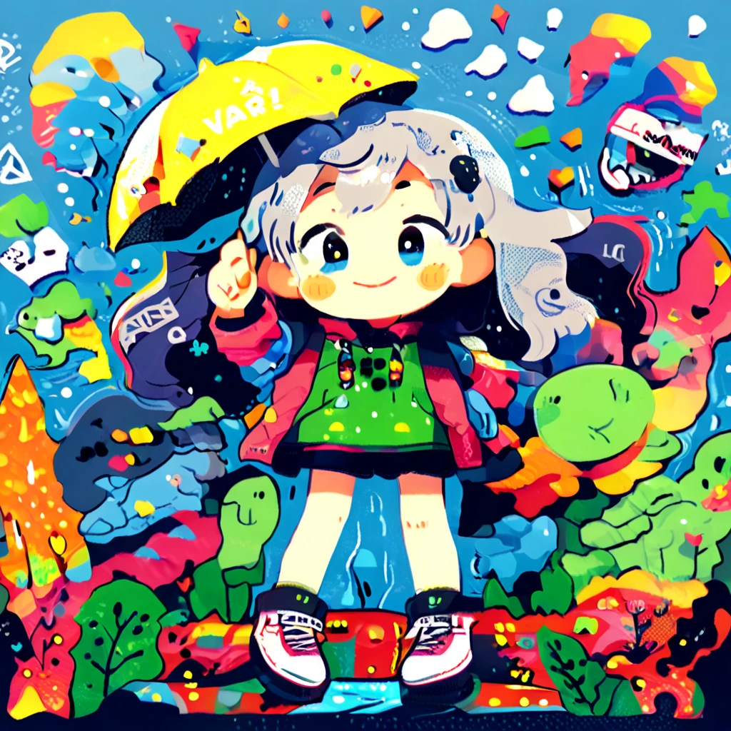 Smiling girl dancing in the rain、Beautifully detailed eyes、Beautifully detailed lips、Highly detailed eyes and face、Long eyelashes、Portraiture、Dynamic pose、Wet clothes、raindrop、Colorful umbrellas、Whimsical、Atmospheric lighting、Bright colors、Detailed Background、Fantasy、magical realism、Photorealistic、8K、Highest quality、masterpiece