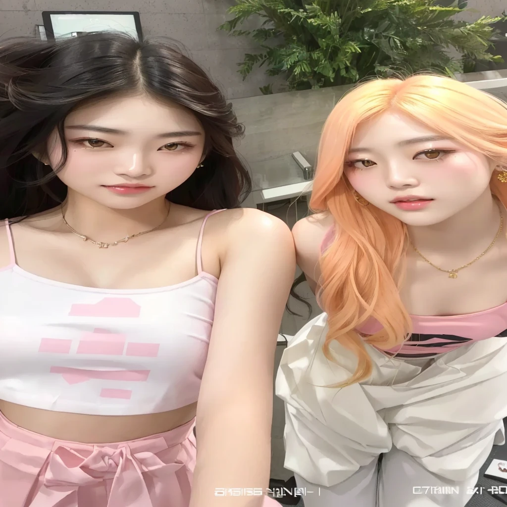 Two Asian girls with long hair and pink blouses posing for a photo., ulzzang, nixeu y Sakimichan, Instagram Template, trend on cgstation, two color hair, Sakimichan, shikami, inspired by Wang Duo, lalisa manobal, trend on cgstation, peach and gum style, the hime cut