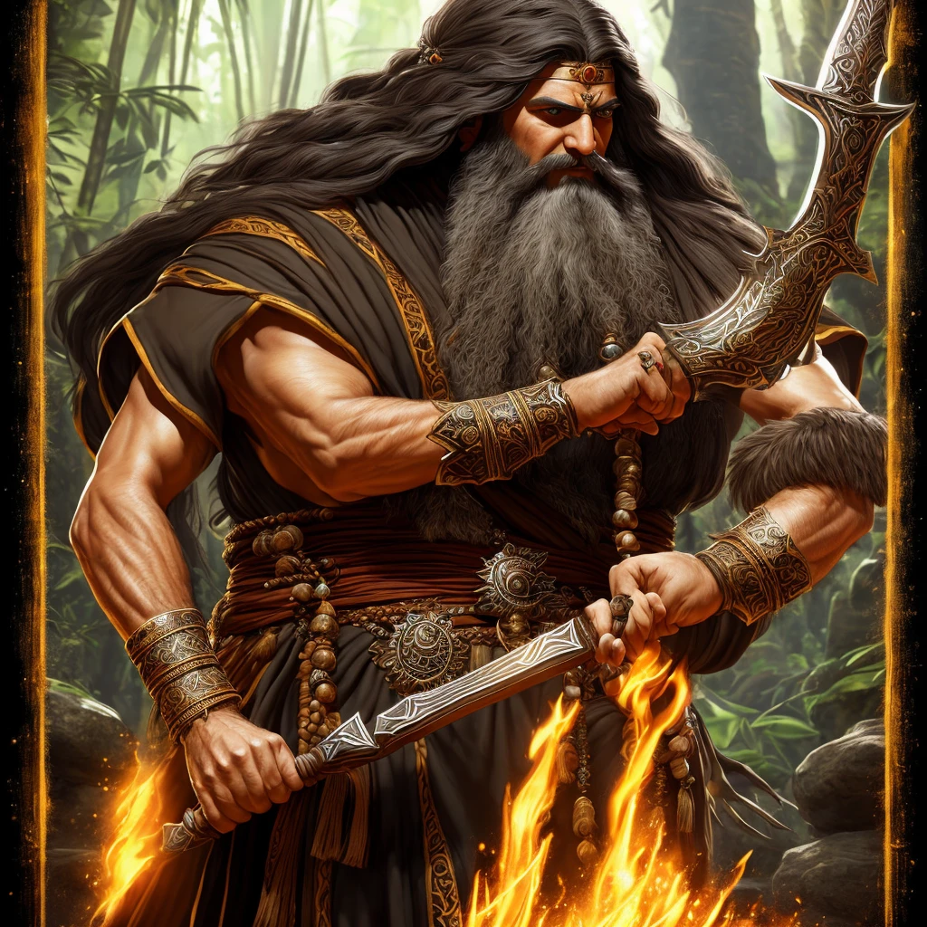 masterpiece,(best quality, illustration,detailed face:1.3), Full Body T Pose Image of a Powerful Mage , Full bearded, Wheatish Complexion, Muscular, Wearing Black Bead Bracelet and Black Bead Necklace, Wrapped in Saffron Clothing, Wearing a Black Wooden Sandal, Long Hair covering his face, Holding a Battle Axe in one hand, a Jungle