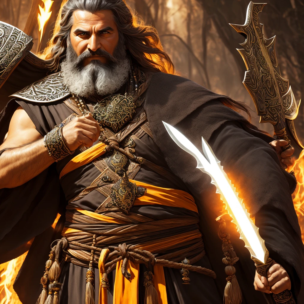 masterpiece,(best quality, illustration,detailed face:1.3), Full Body T Pose Image of a Powerful Mage , Full bearded, Wheatish Complexion, Muscular, Wearing Black Bead Bracelet and Black Bead Necklace, Wrapped in Saffron Clothing, Wearing a Black Wooden Sandal, Long Hair covering his face, Holding a Battle Axe in one hand, a Jungle