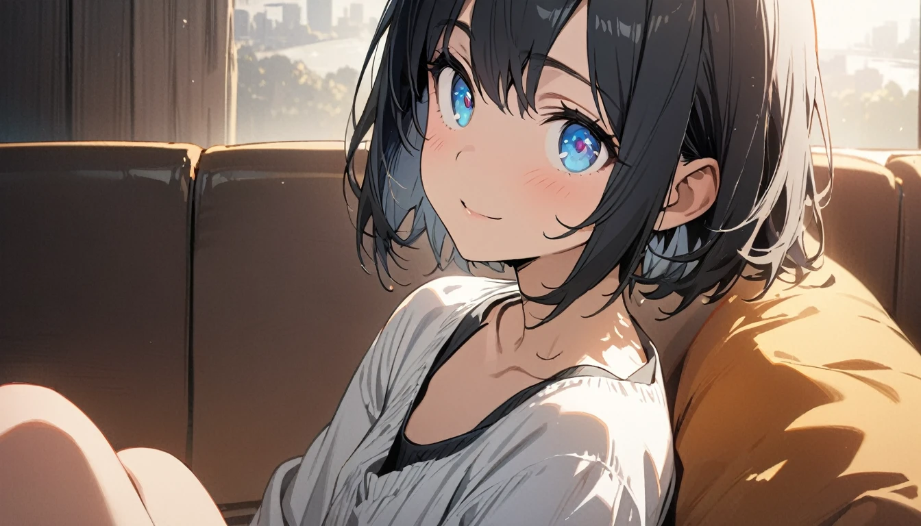 1girl, solo, gentle smile on her face flat chest, short hair, blue eyes, (detailed eyes), black hair, upper body, ((masterpiece, illustration, best quality)) ((best quality)), ((masterpiece)), (detailed), Beautiful girl sitting on the sofa, looking outside