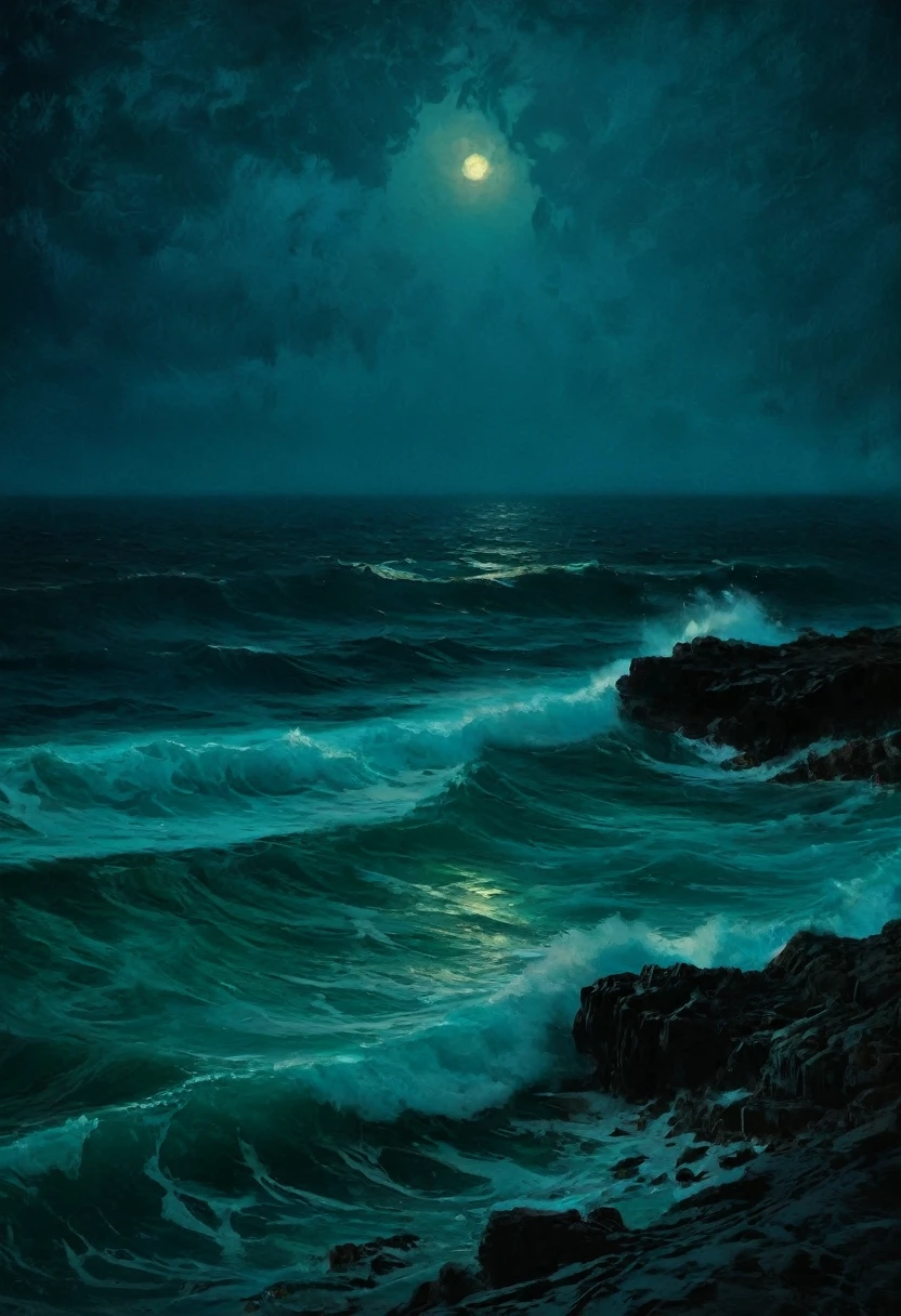 Sea , digital painting, high quality the darkest longest night of the year, style of Ralph Blakelock, Ed Emshwiller, Marianna Rothen, Arthur Rackham, Niko Anttila